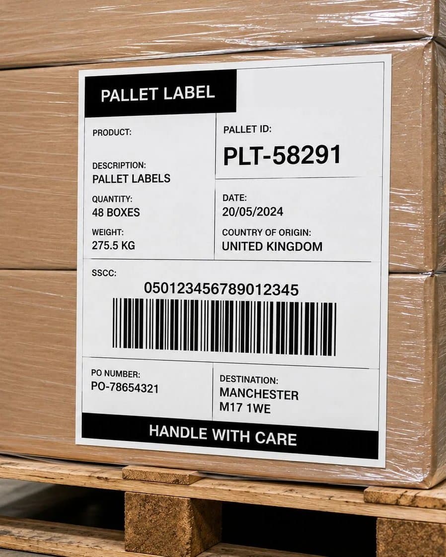 A pallet label on a shrink-wrapped pallet of cartons