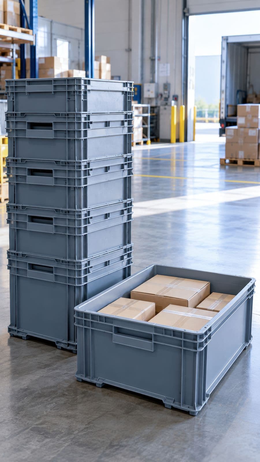 Stacked gray totes beside an open tote of cartons near a loading dock