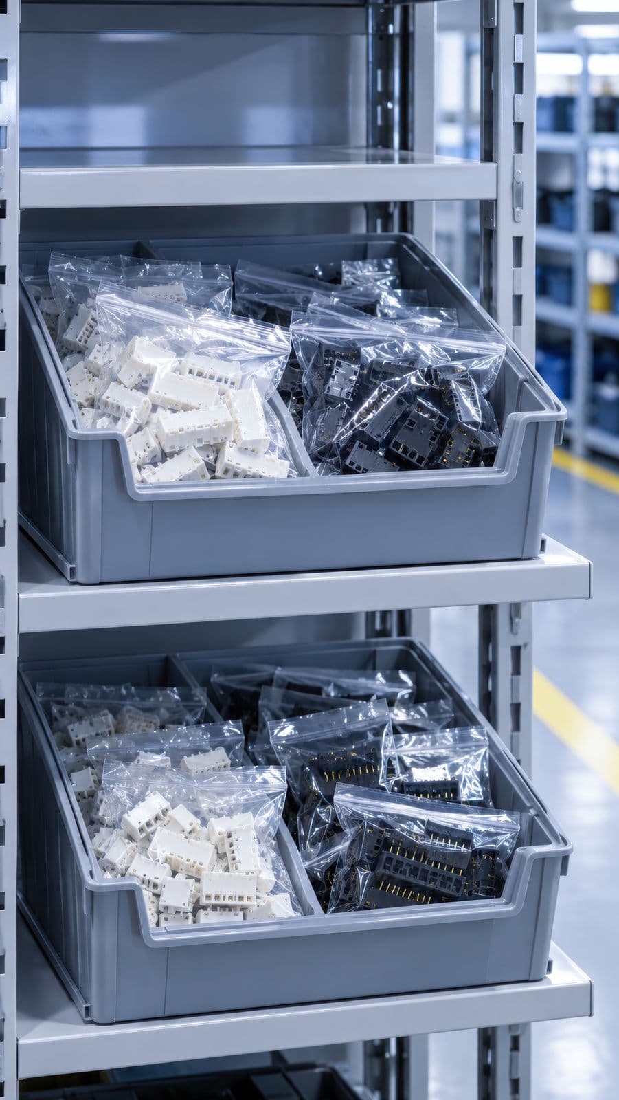 Gray parts bins holding bagged components on a storage rack